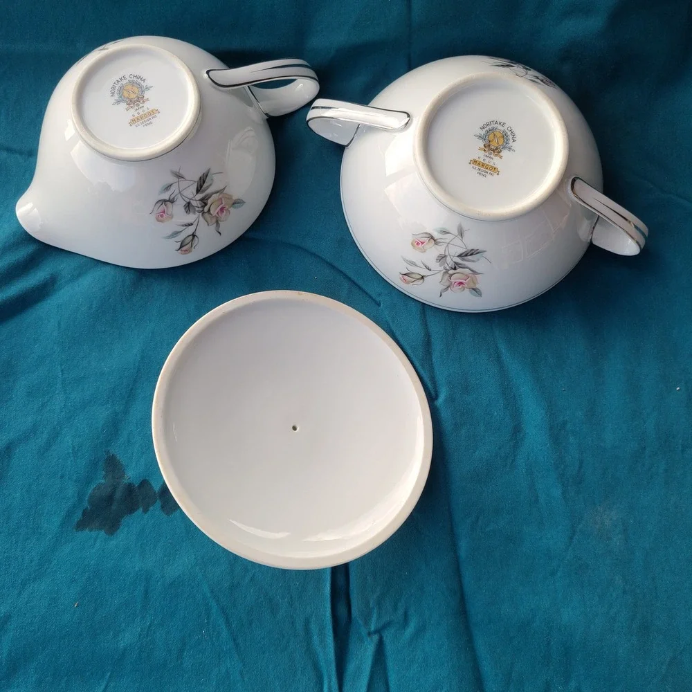Noritake Margot 5605 Sugar Bowl w/Lid and Creamer Set White Rose MCM Vintage Pla
